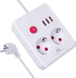 Regleta alargadora con protección contra sobretensiones con 2 tomas y 3× USB, 2500 W, 1,5 m, blanca