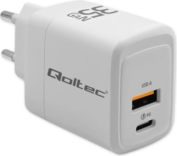 Cargador de red GaN de 35 W, USB‑C PD + USB QC 3.0, blanco