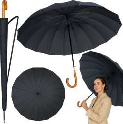 Paraguas largo automático grande con mango de madera, 24 varillas, 115 cm, negro