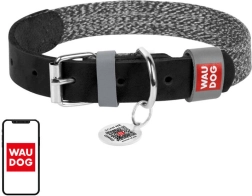 Collar de cuero natural y algodón reciclado con código QR Waudog para perros medianos – Negro