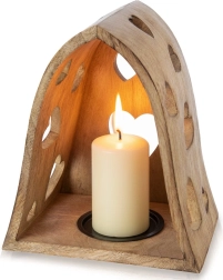 Portavelas de madera de mango con motivo de corazón 21 × 14,5 × 23,5 cm