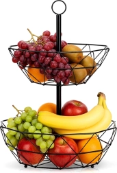 Cesta metálica de dos niveles para fruta – soporte geométrico negro