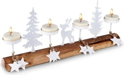 Candelabro de madera blanco para 4 velas de té, 40 × 6 × 16,5 cm