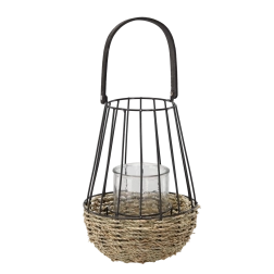 Farol metálico negro-marrón con inserto de vidrio 26 × 41 cm