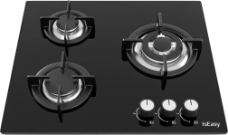 Placa de cocina a gas ISEASY con 3 quemadores, vidrio negro, parrillas de hierro fundido