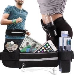 Riñonera de running con soporte para botella, banda reflectante y salida para auriculares – negra