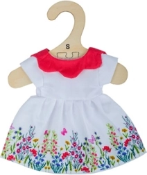 Vestido blanco con flores y cuello rojo para muñeca de 25 cm