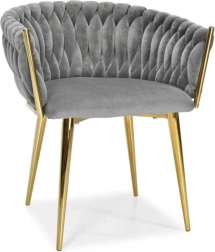 Silla glamour de terciopelo con respaldo trenzado y patas doradas, gris
