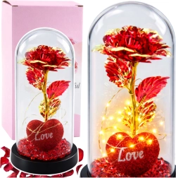Rosa eterna de cristal bajo una cúpula con iluminación LED – Roja con corazón