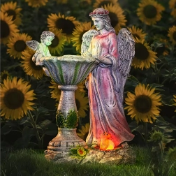 Ángel solar de jardín con bañera para pájaros e iluminación LED RGB