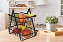 Cesta metálica de dos niveles para fruta con asa de madera, negra