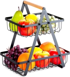 Cesta metálica de dos niveles para fruta con asa de madera, negra