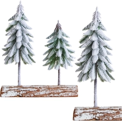 Composición navideña decorativa con arbolitos nevados sobre base de madera 34 × 28 cm