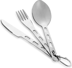 Cubiertos de camping de acero inoxidable con mosquetón, set de 3 piezas