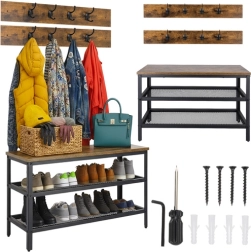 Zapatero con banco y perchero RUHHY 73 cm, loft industrial, tablero marrón