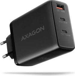 Cargador de red AXAGON GaN 100 W, 3 puertos (USB‑A + doble USB‑C), negro