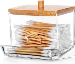 Dispensador para bastoncillos de algodón con tapa de bambú 9 × 7,3 × 9 cm
