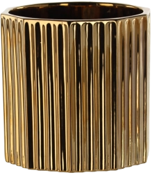 Cubremaceta cerámico 18 × 18 × 18 cm dorado con diseño a rayas