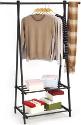 Perchero metálico para ropa con 2 estantes, negro MODERNHOME