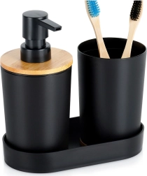 Juego de baño negro de 3 piezas con dosificador y elementos de bambú