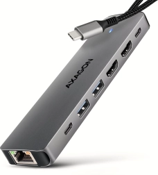 AXAGON HMC-7HX2 hub USB‑C multipuerto 7 en 1 con 2× HDMI 4K/60 Hz, 2× USB‑A, USB‑C, GLAN y PD 100 W