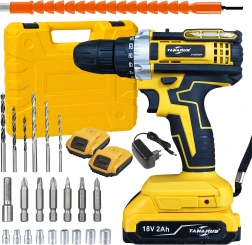 Taladro/atornillador a batería 18 V con LED, 2× 2 Ah y maletín con accesorios