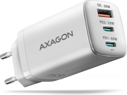 cargador de red AXAGON GaN 65W, 3 puertos (USB‑A + doble USB‑C) PD 3.0/QC 4+/PPS, blanco
