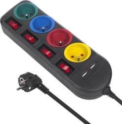 Ladrón con interruptores: 4 tomas + 2×USB negro