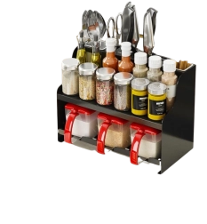 Organizador multifuncional de especias de dos niveles con compartimentos para accesorios de cocina – negro