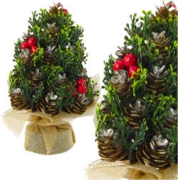 Mini árbol de Navidad con piñas y bayas rojas 17 × 10 cm