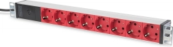 Regleta de alimentación para rack 19″ DIGITUS, 8× tomas schuko rojas, entrada C14, cable 2 m, 10 A, aluminio