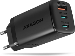 Cargador de red AXAGON GaN 65W, 3 puertos (USB-A + 2× USB-C), PD 3.0/QC 4+, PPS, negro