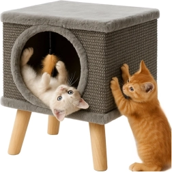 Casita para gatos con patas PURLOV con cama y sisal