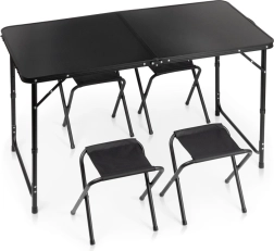 Mesa turística plegable Vilde con 4 taburetes, negra, 120 × 60 cm