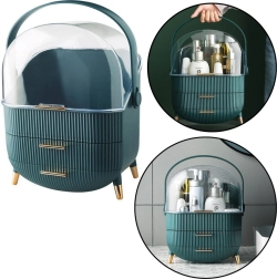 Organizador de cosméticos verde con tapa transparente y dos cajones