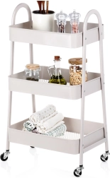 Estantería metálica con ruedas, beige, 3 niveles, 44 × 31,5 × 78,5 cm