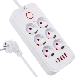 Regleta alargadora con protección contra sobretensiones con 6 tomas y 4× USB‑A y 1× USB‑C, 2500 W, blanca