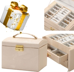 Joyero de varios niveles con asa – herrajes dorados, beige