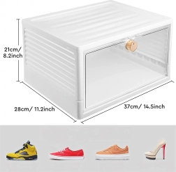 Caja de plástico para zapatos con solapa frontal transparente, blanca