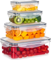 Juego de recipientes de plástico para alimentos con tapas y sellado, 4 unidades
