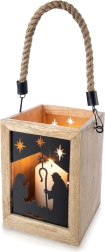 Linterna navideña de madera de mango con asa de cuerda 14 × 14 × 20 cm