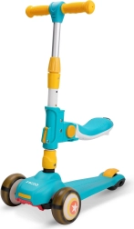 Patinete infantil con asiento, azul‑amarillo, ruedas luminosas