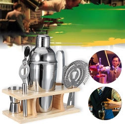 Juego de coctelería profesional con shaker y soporte de madera