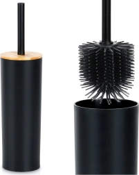 Escobilla de WC con soporte, metal negro y bambú, 36,5 cm