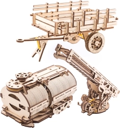 Accesorios UGEARS para el camión UGM-11 – escalera de bomberos, caja de remolque y cisterna (módulos mecánicos de madera 3D)