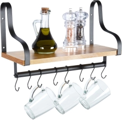 Estante de pared con barra y ganchos de madera 43 × 18 × 26 cm