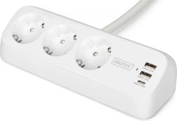 Regleta de extensión de sobremesa con abrazadera, 3 tomas Schuko, 2× USB‑A 12 W, 1× USB‑C 30 W, cable 1,5 m, blanca