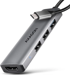 Hub USB-C 4 en 1 AXAGON con HDMI 4K/30 Hz y 3x USB-A, metálico, cable de 15 cm