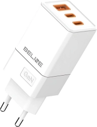 Cargador de pared 65 W GaN con 2× USB‑C y USB‑A, blanco