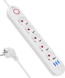Regleta alargadora con protección contra sobretensiones de 5 tomas con 3× USB, blanca